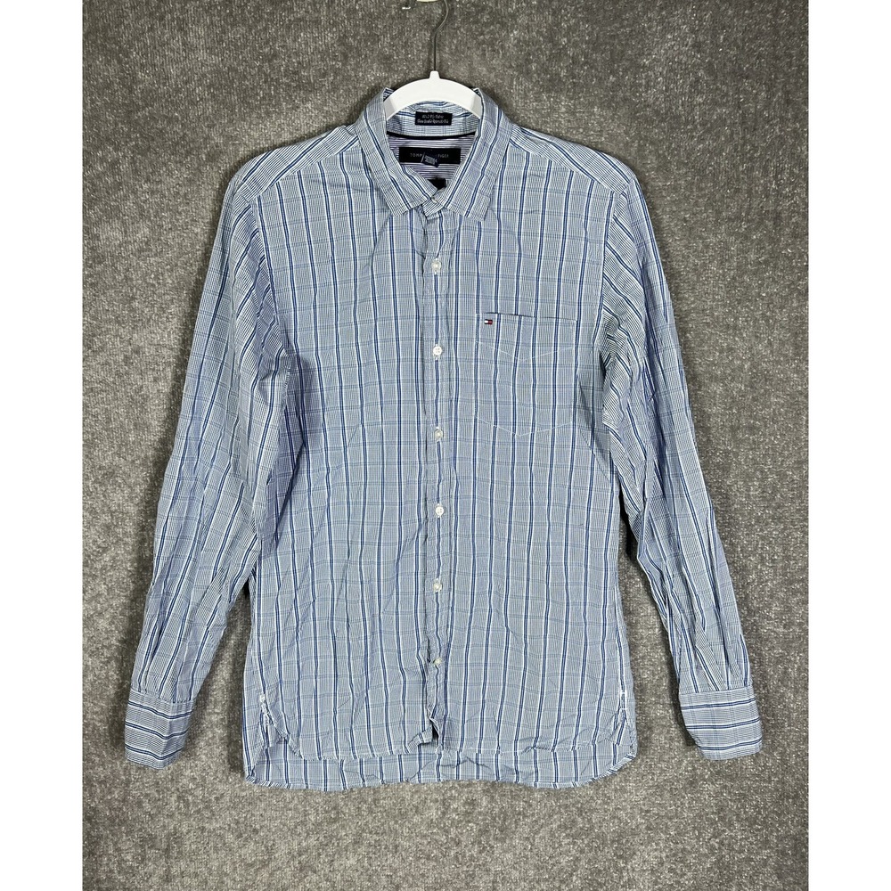 Tommy Hilfiger Button Down Shirt Mens Size Small Blue Plaid 80s 2 Ply Fabric